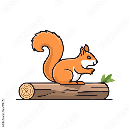 A cute cartoon squirrel sitting on a log, eating something