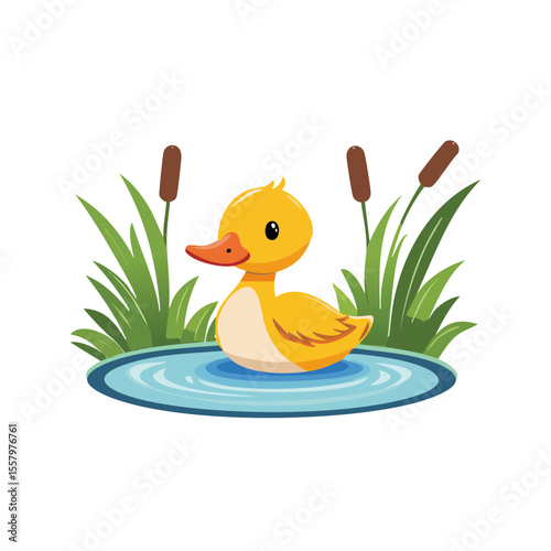 A charming illustration of a yellow duckling floating in a pond, surrounded by reeds and grass