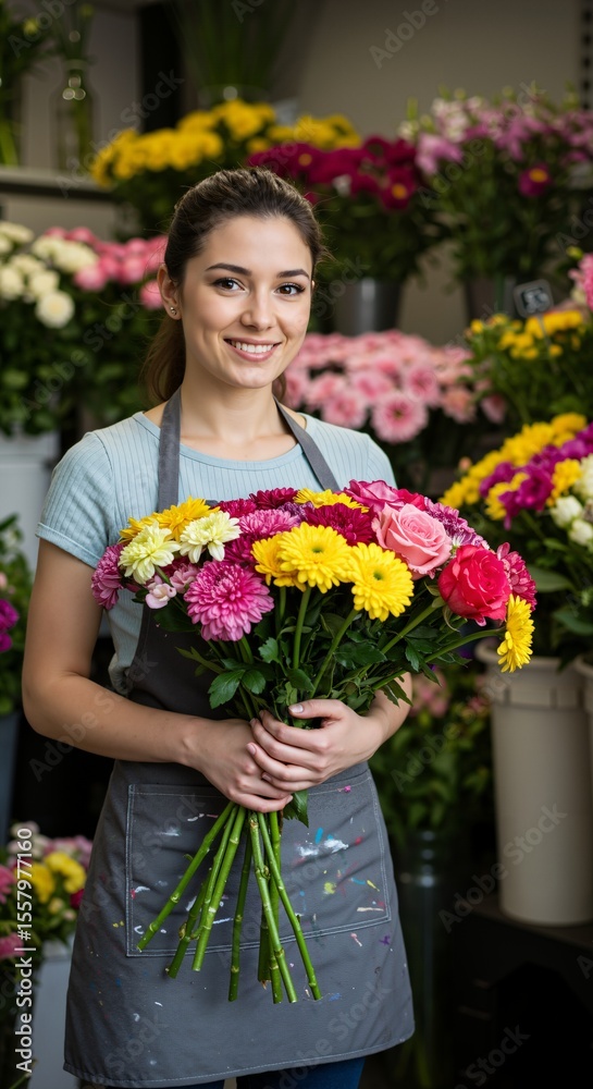Fototapeta premium Smiling Female Florist in Floral Shop Holding Colorful Bouquet of Flowers