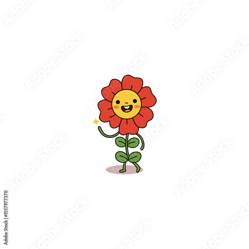 An icon of a red flower character waving its hand and smiling, symbolizing greeting, friendliness, and an inviting demeanor.