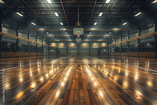 Empty Gymnasium Basketball Court with Clean Lines and Bright Lighting

