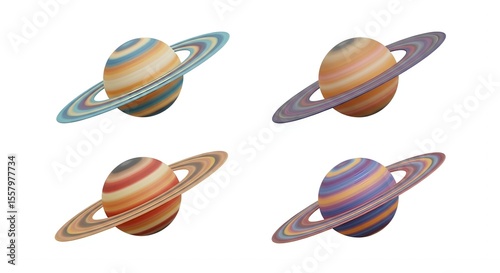 Stunning Variations of Saturn: A Celestial Quartet of  Ringed Planets in Vibrant Hues