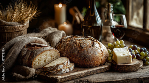 Rustic Still Life: A tantalizing still life showcases a loaf of freshly baked bread alongside a bottle of vintage wine, inviting you to savor the simple pleasures of life.