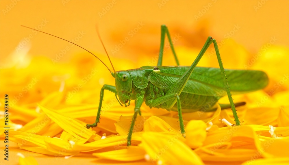 Fototapeta premium macro photo shot of a green grasshopper, with a soft minimal yellow background