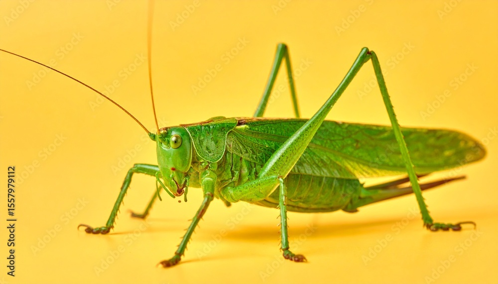 macro photo shot of a green grasshopper, with a soft minimal yellow background macro photo shot of a green grasshopper, with a soft minimal yellow background