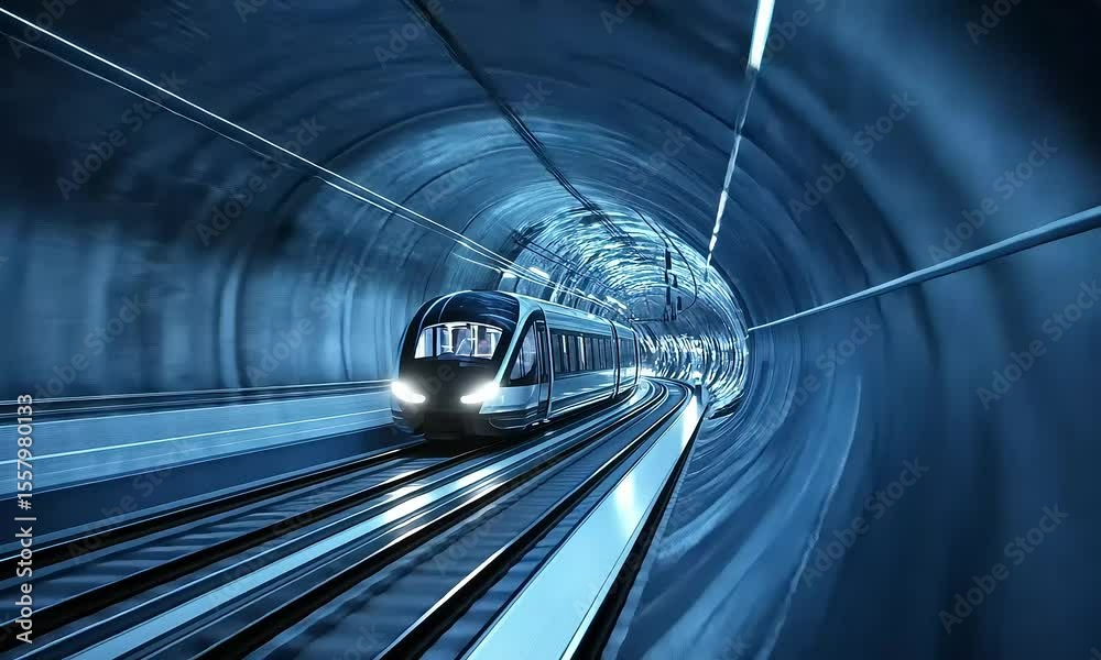 Futuristic subway train speeding through illuminated tunnel for transit