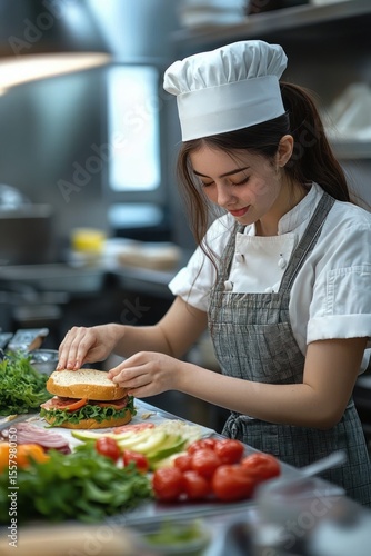 Young female chef carefully assembling a fresh sandwich with lettuce, tomato, and various ingredients in a professional kitchen setting