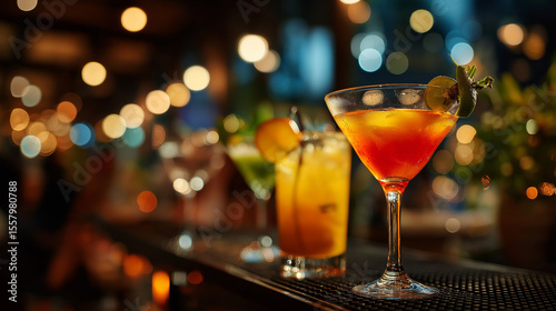 Cocktail Hour: A tantalizing trio of vibrant cocktails stands elegantly at a bar, illuminated by soft, warm lights.