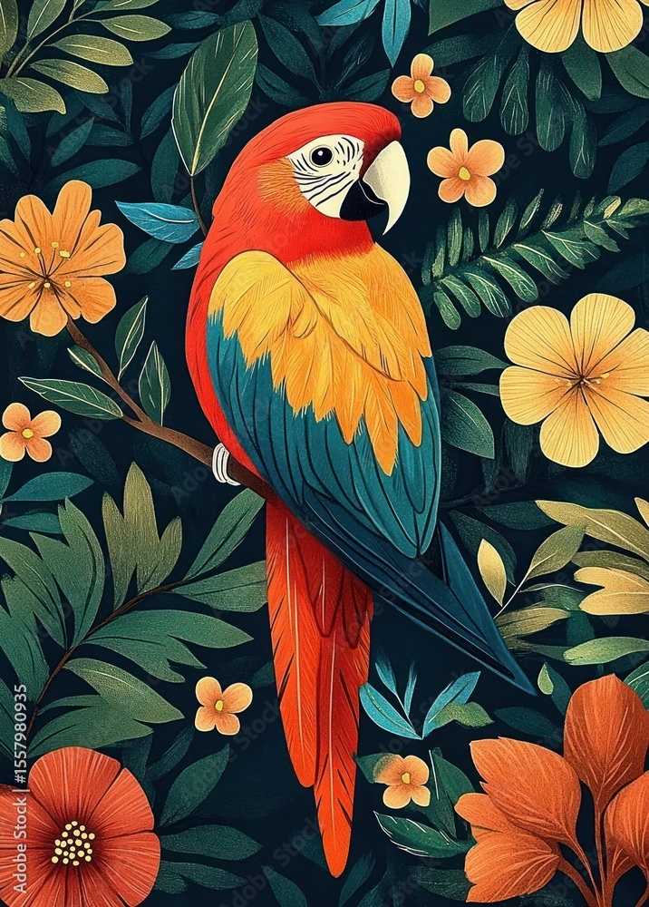 Fototapeta premium vibrant tropical parrot perched on a branch surrounded by lush green leaves and bright orange and yellow flowers in a detailed botanical scene