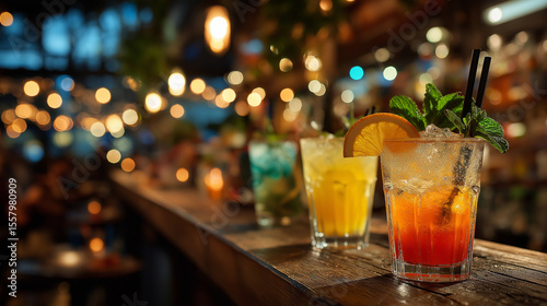Refreshing Cocktails on a Bar: A row of vibrant, mixed cocktails with garnishes sits on a bar, ready for the evening. The scene exudes a sense of conviviality and refreshment.