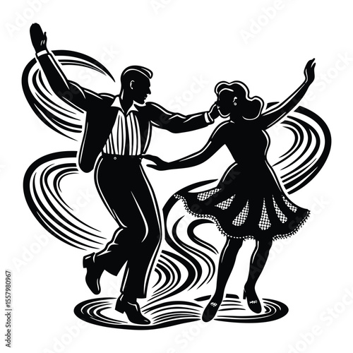 Silhouetted retro woman and man dance the Charleston with flair—kicking, twirling, and swinging in 1920s style, full of vintage energy and jazz-age rhythm.
