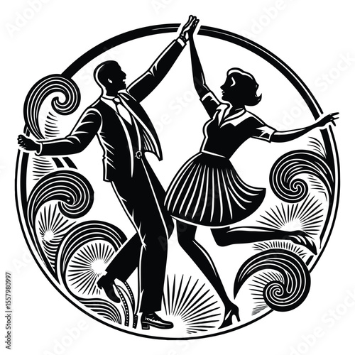 Silhouetted retro woman and man dance the Charleston with flair—kicking, twirling, and swinging in 1920s style, full of vintage energy and jazz-age rhythm.
