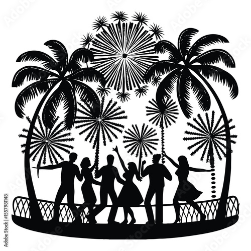 A lively Charleston party silhouette captures dancers in vintage attire, swinging arms and kicking legs, bringing the roaring 1920s jazz era to vibrant life in shadow form.

