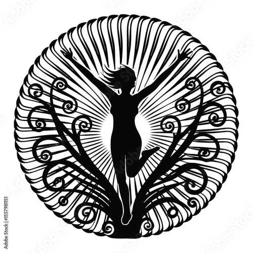 A joyful woman silhouette leaps with arms raised high, radiating pure happiness and energy, capturing a moment of celebration, freedom, and unstoppable positive vibes.
