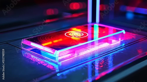 Wallpaper Mural Illuminated glass panel with vibrant neon colors reflecting on a sleek surface in a modern setting Torontodigital.ca