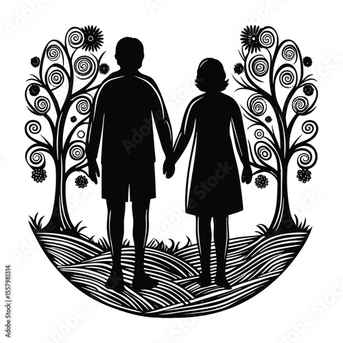 A tender silhouette of grandparents walking hand in hand, symbolizing enduring love, wisdom, and the unbreakable bond that spans generations in quiet, heartfelt togetherness.
