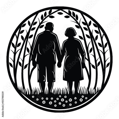A tender silhouette of grandparents walking hand in hand, symbolizing enduring love, wisdom, and the unbreakable bond that spans generations in quiet, heartfelt togetherness.
