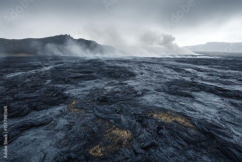scorched volcanic plain with blackened soil and distant steam vents, faint ash in the air, silent alien landscape