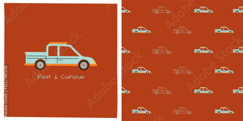 Retro Car pickup cartoon seamless pattern. Hand drawn cute automobile car kid endless boundless background design. Simple children funny auto transport comic repeat print wallpaper vector illustration