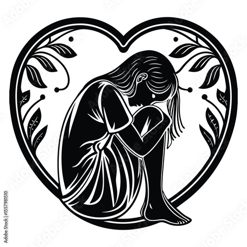 A heartbroken girl sits alone in silhouette, her head bowed in sorrow, wrapped in silence and shadows, mourning the loss of love with quiet, aching despair.
