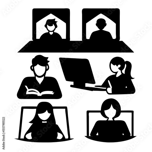 Online course. Cartoon scenes of persons learning at home with laptop and computer, teachers and students studying. Vector remote lessons concept set. Illustration of online student learning