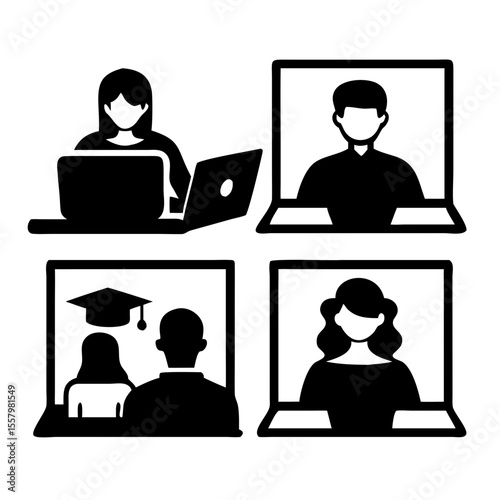 Online course. Cartoon scenes of persons learning at home with laptop and computer, teachers and students studying. Vector remote lessons concept set. Illustration of online student learning