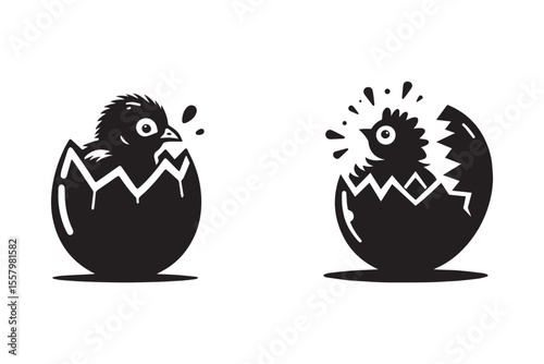 Minimalist baby chicken hatching from egg silhouette on white background.