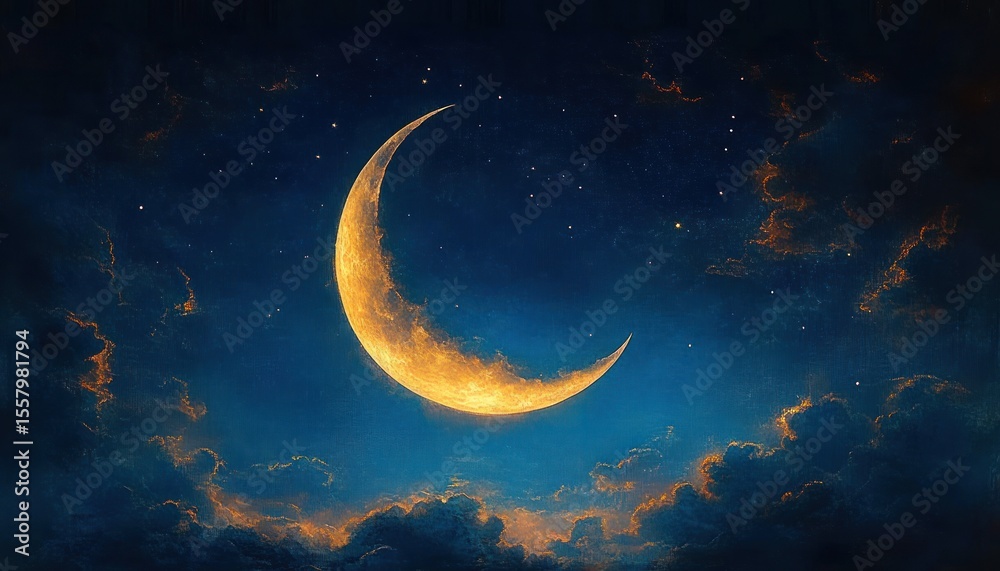 Fototapeta premium Golden crescent moon glowing warmly in a deep blue night sky surrounded by scattered stars and glowing clouds creating a mystical peaceful atmosphere