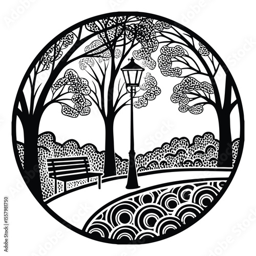 A peaceful park silhouette filled with intricate zentangle patterns—trees, benches, and lamp posts blend into artistic swirls and shapes in a calming, meditative scene.
