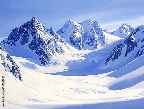 sharp glacial ridge line with icy crevices and windswept snow, sunlight catching on jagged peaks, extreme cold realism