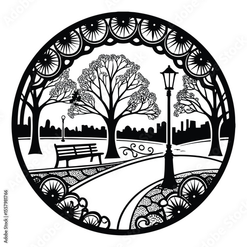 A peaceful park silhouette filled with intricate zentangle patterns—trees, benches, and lamp posts blend into artistic swirls and shapes in a calming, meditative scene.
