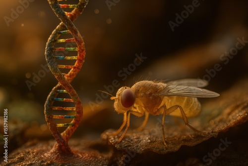 Close-up of fruit fly with colorful DNA strand for genetics research or biotechnology
