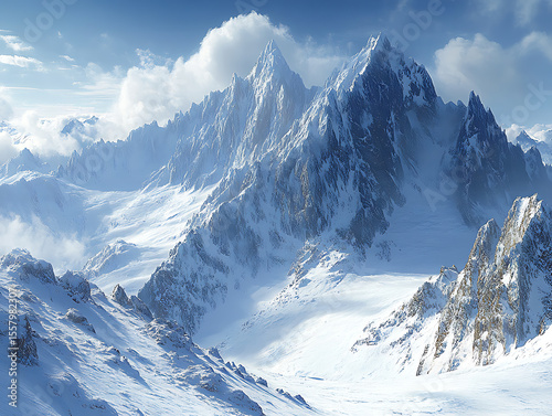 sharp glacial ridge line with icy crevices and windswept snow, sunlight catching on jagged peaks, extreme cold realism