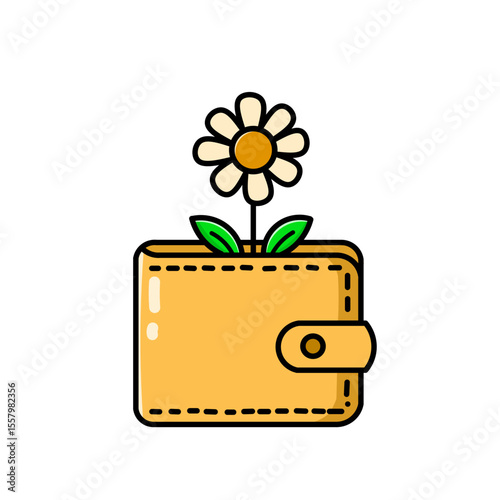 Vector illustration of a wallet overgrown with flowers, either as a sticker, logo or icon on a white background.