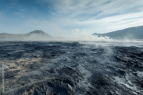 scorched volcanic plain with blackened soil and distant steam vents, faint ash in the air, silent alien landscape