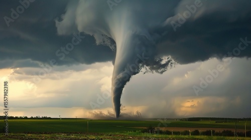 Close-up of a tornado funnel cloud forming over a rural landscape, with debris swirling in high winds and storm chasers monitoring the severe weather event, showcasing natural disaster dynamics and sa
