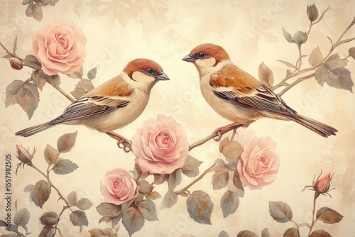 Two small brown and white birds perched on delicate branches adorned with soft pink roses and muted green leaves against a light beige background