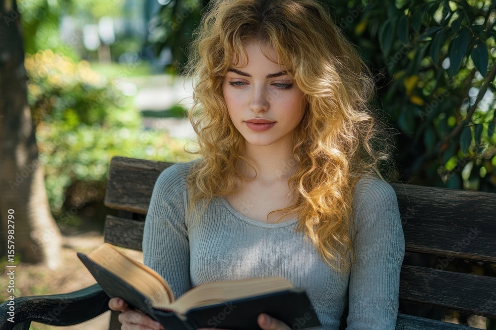 Obraz premium Young woman with curly blonde hair reading a book attentively while sitting on a wooden bench in a shaded outdoor garden area