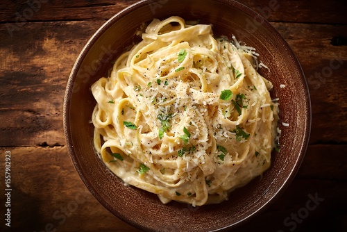 a creamy fettuccine alfredo on a natural wood table, top-down view, sprinkled parmesan and herbs