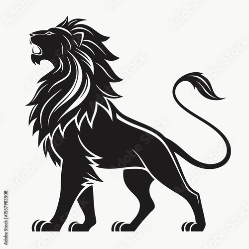 A black silhouette of a majestic lion stands roaring atop a hill or rocky outcrop, isolated on a white background.
