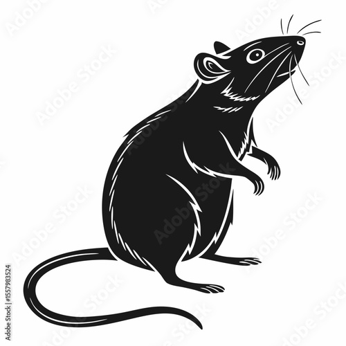 A black silhouette of a rat standing upright, featuring a long tail and detailed whiskers, set against a white background.