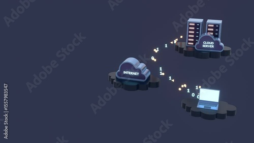 3D Animation of Cloud Data Storage and File Transfer System With Copy Space For Text. 3D animation showing cloud storage and digital file transfer in a connected system.