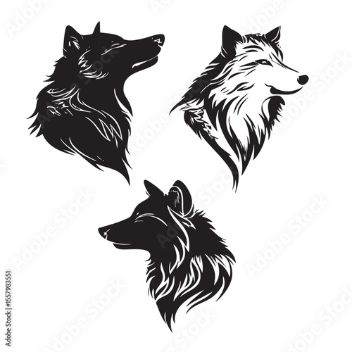 abstract wolf head profile silhouette set, Black & White silhouette set
