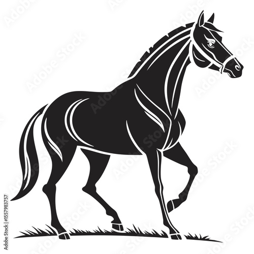 
A stylized black horse with a white outline, wearing a bridle, is walking against a plain white background.