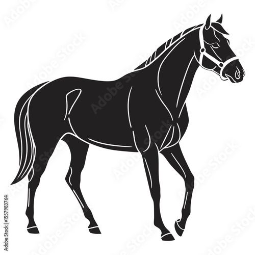 
A stylized black horse with a white outline, wearing a bridle, is walking against a plain white background.