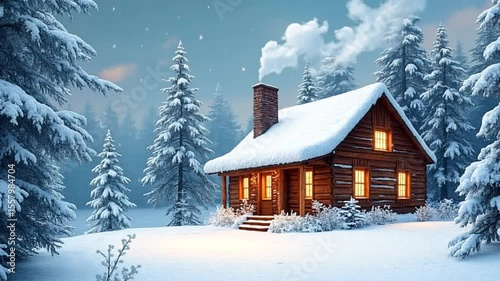 Cozy Wooden Cabin. Rustic, snowy, warm lights. Winter escape, hygge, relaxation. For travel, lifestyle, seasonal decor, holiday content
