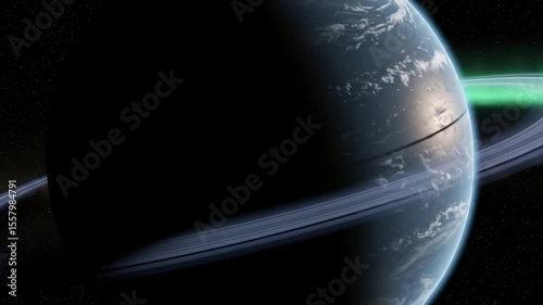 Exoplanet with Rings. Futuristic, glowing cosmic colors. Space exploration, astronomy, discovery. For science, documentaries, games, future tech 