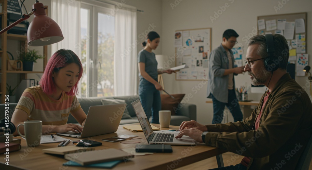 Obraz premium People working on laptops and documents in a bright open office space with natural lighting