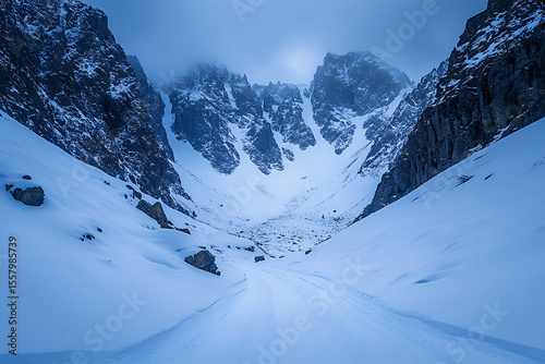 snowy mountain pass in blue hour light, sharp rocky walls and crisp untouched snow, distant trail fading into mist