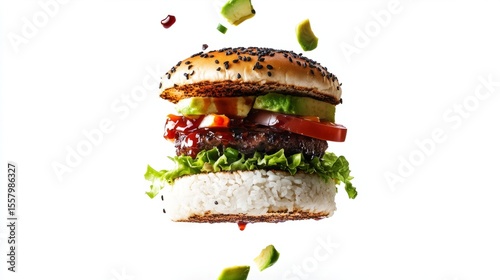 Asian fusion burger floating in the air, rice bun, teriyaki sauce, avocado, generative ai